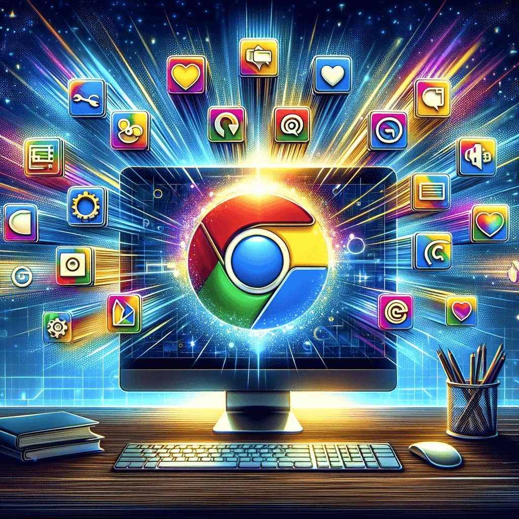 DALL·E 2023 11 10 13.06.52 Illustrate a dynamic and engaging digital workspace on a computer screen with ten colorful and vivid Chrome extension icons each representing a uniqu 1